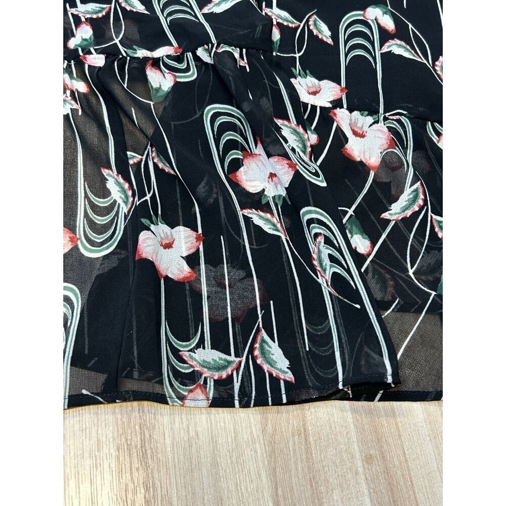 Chelsea 28 Dress Womens Medium Black Floral Sleeveless Asymmetrical Ruffle Hem - Picture 11 of 12